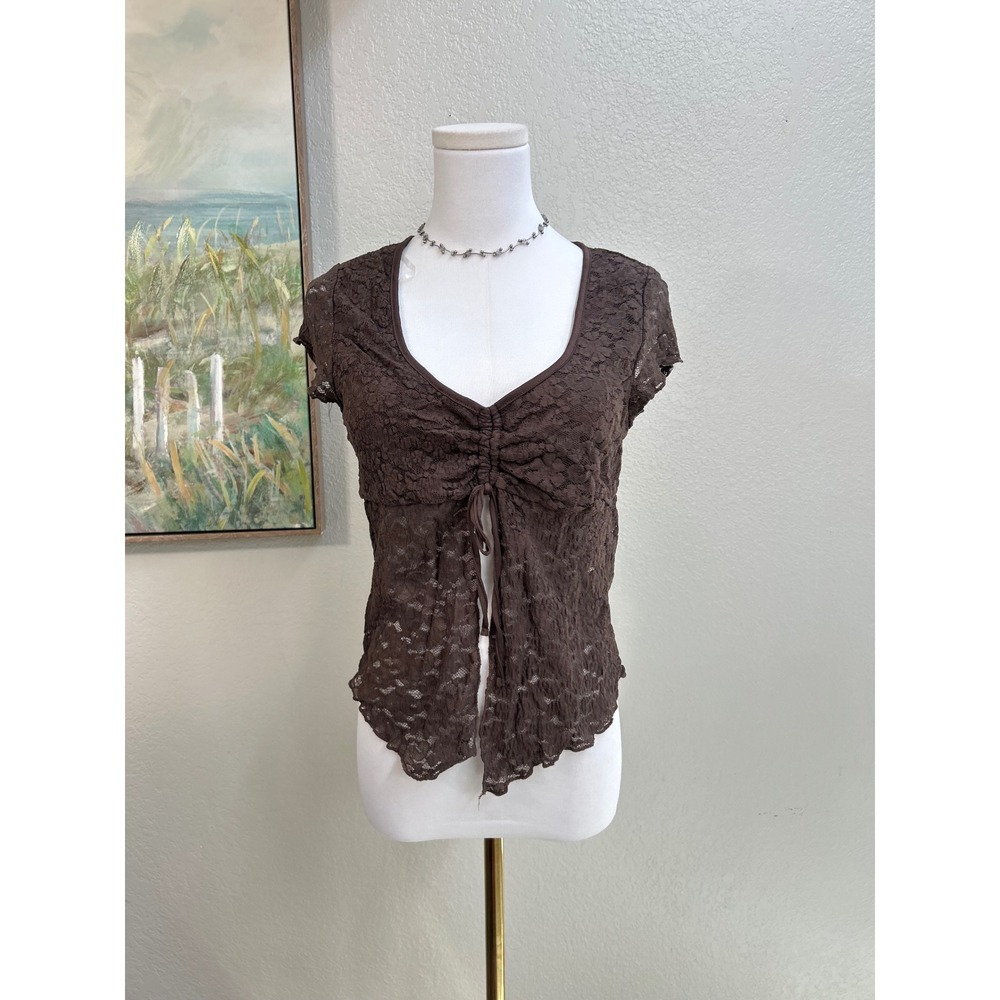 Brown Floral Lace Tie Front Short Sleeve Top Large